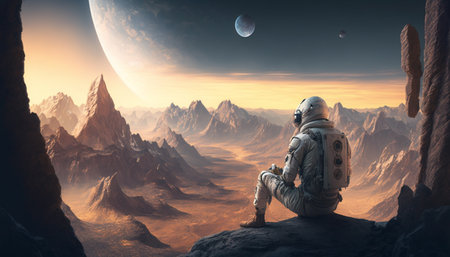 Astronaut rests admiring the view on an extraterrestrial planet, Generative aiの素材