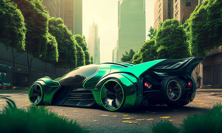 Futuristic electric car in a sustainable cityの素材