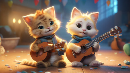 Two cats are playing a guitar together, generative aiの素材