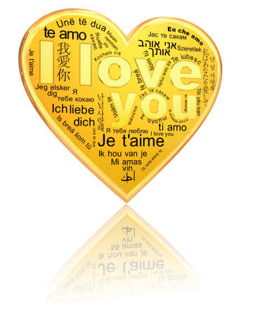 I Love You - golden words in different languages on the heartの写真素材