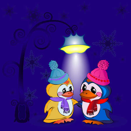 Penguins on new year's Eve under a lanternのイラスト素材