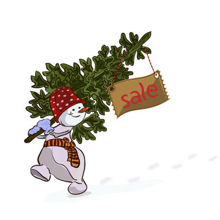 Walking Snowman with Christmas treeの写真素材