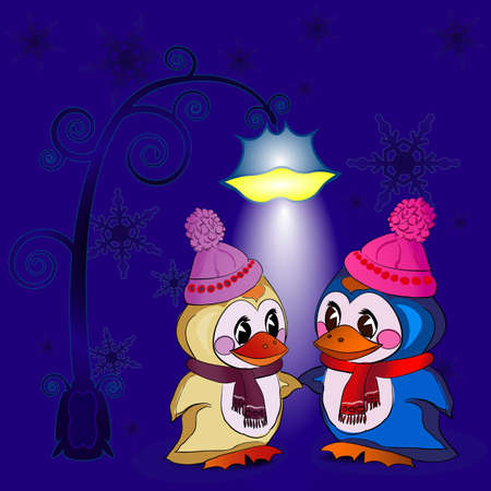 The penguins under the lantern on the background snowflakesの写真素材