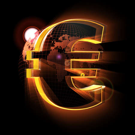 Euro sign on red Earth map backgroundの写真素材