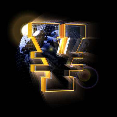 Yen sign on blue Earth map backgroundの写真素材