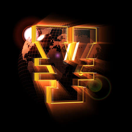 Yen sign on red Earth map backgroundの写真素材