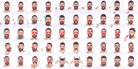Emoji. Collage of emotions. Different emotions. Emotion set of bearded man. Feeling and emotions. Emoji set. Set of human emotions. Isolated on white background. Face expression.の写真素材