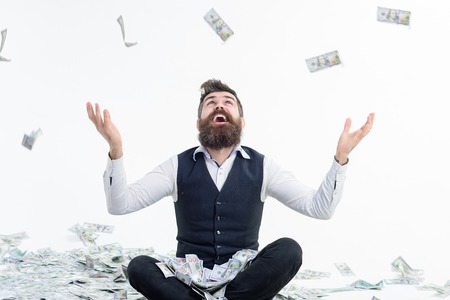 Shopping lottery. Income. Benefit. Earnings. People concept. Portrait of satisfied bearded millionaire. Easy-money. Bearded man excited with money. Bearded man with money. Isolated.の写真素材