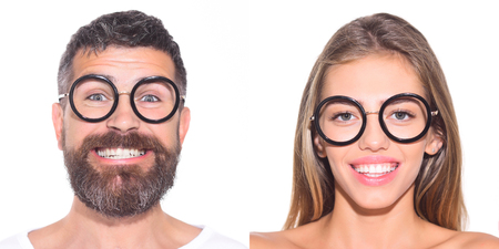 Collage of emotions. Different emotions. Emotion set of pretty girl and bearded man. Feeling and emotions. Emoji set. Girl in glasses. Bearded man in glasses. Face expression.の写真素材