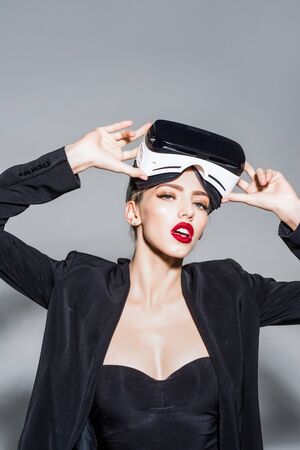 Virtual reality goggles. Woman in VR headset. Connection, future technology, progress concept....