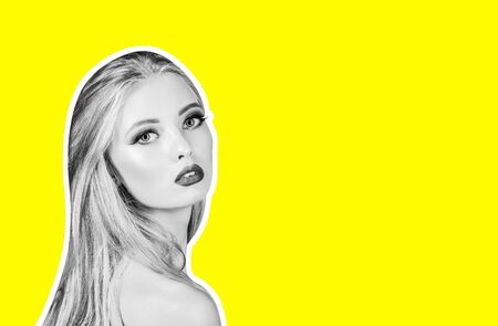 Beauty, cosmetics concept. Care and hair products. Ideal face of blonde. Sexy lady makeup for party. Beautiful caucasian girl with perfect skin and makeup. Copy space for advertise beauty or spa salonの写真素材