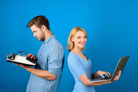 Future and past. Woman with laptop. Man with typewriter. Old fashioned against modern.