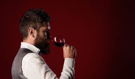 New year party. Man in waistcoat drink glass of red wine. Serious man drinking red wine. Bearded man tasting glass of wine. Winetasting and degustation concept. Sommelier tasting red wine. Copy space.の写真素材