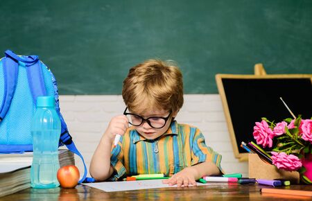 Kid boy studying at school. Diligent schoolboy writing exercise at lesson in primary school. Talented child.の写真素材
