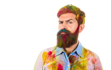 Painter man. Serious bearded painter in shirt in paints. Builder worker in messy shirt. Industry man in paint dirty shirt. Industrial. Decorator with hair&beard dirty in paints. Art concept.Copy spaceの写真素材
