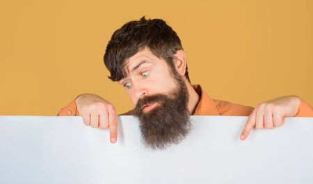 Bearded man points at advertising board. Advertising and sale. Online shopping. Advertising banner....