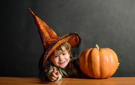 Halloween party. Kid trick or treat. Boy dressed up trick or treating. Preparation Halloween...
