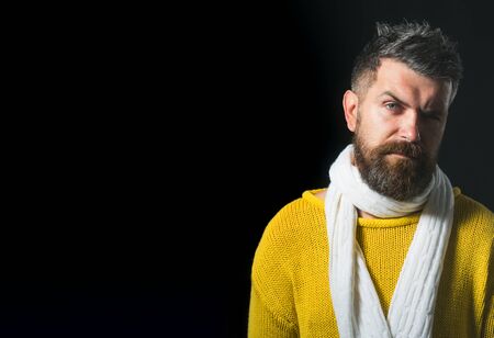 Stylish man wrapped in warm knitted scarf. Autumn, winter, fashion. Bearded man in scarf and sweater. Fashionable man with scarf and sweater in autumn/winter time. Men winter fashion, european style.の写真素材