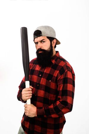 Baseball player with baseball bat. Bearded man with baseball bat. Sports and baseball training. Sport equipment. Power and energy concept. Sport, training, health. Fashionable man wearing plaid shirtの写真素材