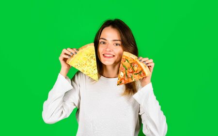 Woman eating pizza. Woman with pizza slices. Food. Lunch. Happy girl holding pizza slices in hands....