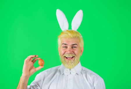 Happy Easter. Happy bearded man with rabbit ears holds Easter egg. Man in bunny ears holds Easter...