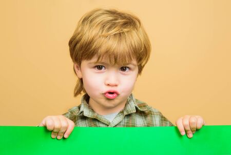 Boy holds blank board. Child boy holds empty billboard. Little boy holds blank advertising banner....