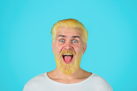 Barbershop. Hairdressing salon. Hipster bleached hair. Bearded man with bleached hair. Portrait of surprised bearded man. Barbershop client. Beauty salon. Coloring of men's hairの写真素材