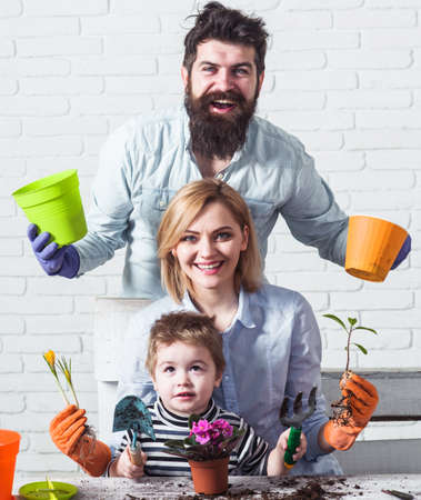 Family planting flowers together. Care for plants. Gardening concept.