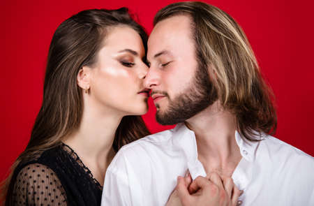 Relationships and love. Sensual Couple in tender passion. Woman and man kissing.