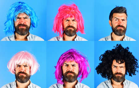Set of bearded man in color wig. Different human emotions. Collage of Face expression.