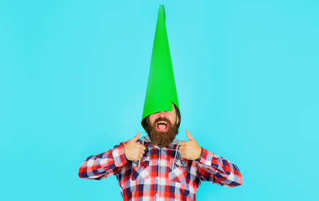Funny man with loudspeaker on head show thumbs up. Season Sale. Discount. Winner gesture. Copy...