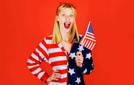 July 4th. Independence Day celebrate. Happy girl american flag. America. united states. USA Summerの写真素材