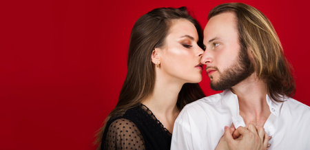 Sensual couple in love. Relationships and romantic. woman and man kissing. valentines day. close upの写真素材