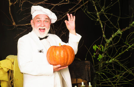 Cook in chef uniform with pumpkin shows sign ok. happy halloween. health product. harvest festivalの写真素材
