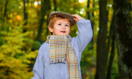 Happy child boy in sweater, scarf and cap. Happy kid outdoors in autumn park. fashion for childrenの写真素材