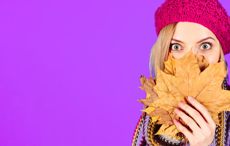 Autumn portrait of surprised woman in red beret covering face with yellow maple leaves. Copy spaceの写真素材