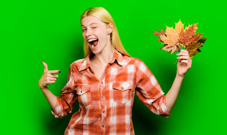 Winking woman with yellow leaves. Autumn sale. Autumn vogue trend. Smiling girl in plaid shirtの写真素材