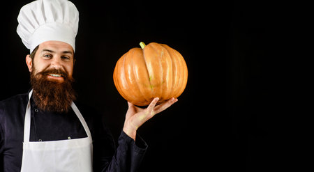 Bearded cook in chef uniform and apron with pumpkin. Healthy organic harvest vegetable. Autumn foodの写真素材