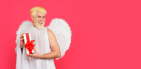 Happy Valentines Day. Smiling bearded man in angelic wings with present gift boxの写真素材