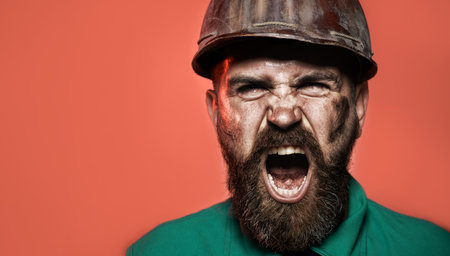 Closeup portrait of angry architect, foreman or builder in uniform and hard hat. Male engineer or construction worker in safety helmet. Building industry. Copy space.の写真素材