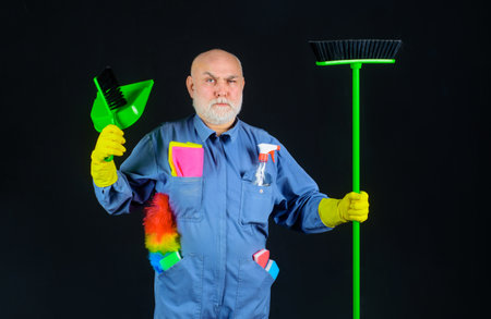 Cleaning time. Professional cleaning service. Cleaner with sweeping tools and cleaning supplies....