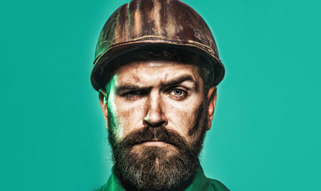 Builder man. Male builder in protective helmet, closeup portrait. Serious engineer, architect or industrial worker in hardhat. Building industry, construction. Handsome bearded man in safety hard hat.の写真素材
