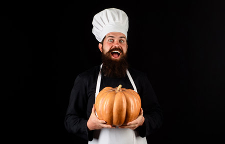 Bearded man in chef hat and apron with big pumpkin for Halloween. Farm market. Autumn vegetables. Happy male chef, cook or baker in uniform with pumpkin. Thanksgiving day cooking. Halloween holidayの写真素材