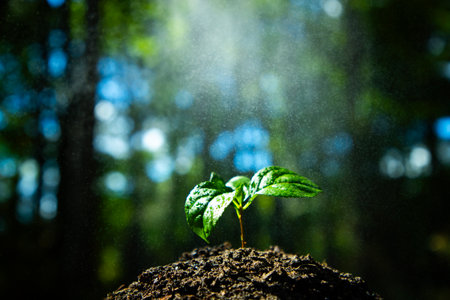 Eco plant growth in ecosystem. Eco organic seedling in soil. Ecology balance in environment. Eco...