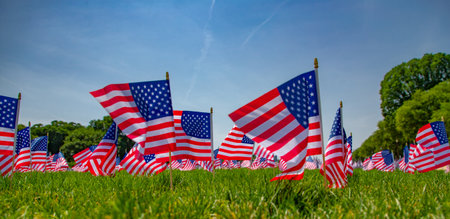 American flag on grass lawn for Memorial Day. Americans memorial for patriotic. American flag for Veterans and Memorial Day. American flag and Memorial Day concept.の写真素材