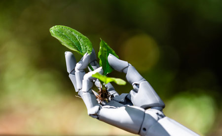 Robot hand and green plant. Artificial intelligence ecology. Robotic care for nature. Eco biotech future. Plant growth in robotic hand. Environmental technology vision.の写真素材