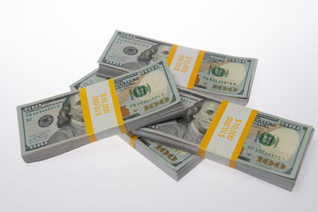 Money in dollar bills on paper concept. Money in dollar stack in studio. Money in USD dollar...