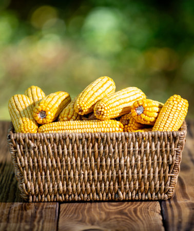 Corn harvest in rustic basket. Corn organic harvest. Corn agriculture concept. Corn harvest agriculture season. Maize Farming. Maize crop.の写真素材