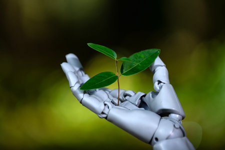 Eco biotech. Environmental technology. Green technology. Robotic hand with young plant. Green AI...