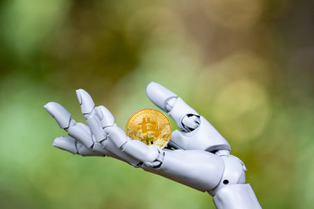 Bitcoin in robotic hand. Bitcoin AI blockchain. Bitcoin crypto innovation. Bitcoin future currency.